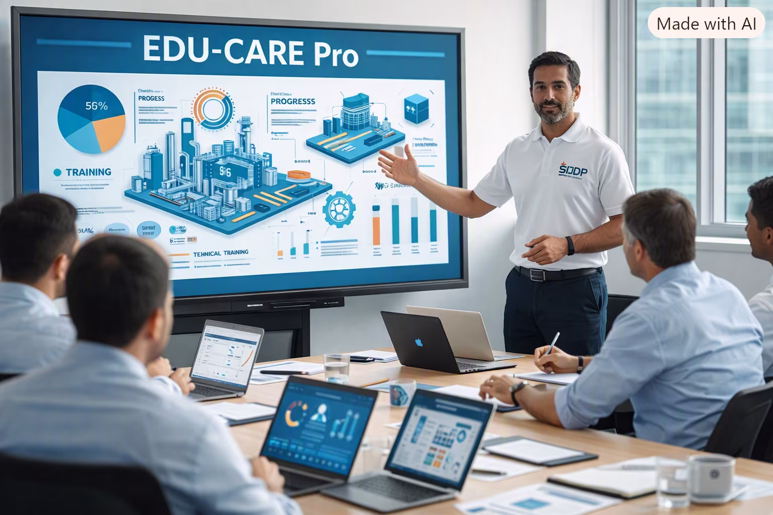Capacitación industrial corporativa SIDP con instructor explicando contenido técnico en sala moderna, programa EDU‑CARE Pro, formación profesional, desarrollo técnico empresarial México