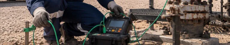 Medición de tierra física en pozo petrolero mediante equipo certificado de puesta a tierra para seguridad eléctrica industrial