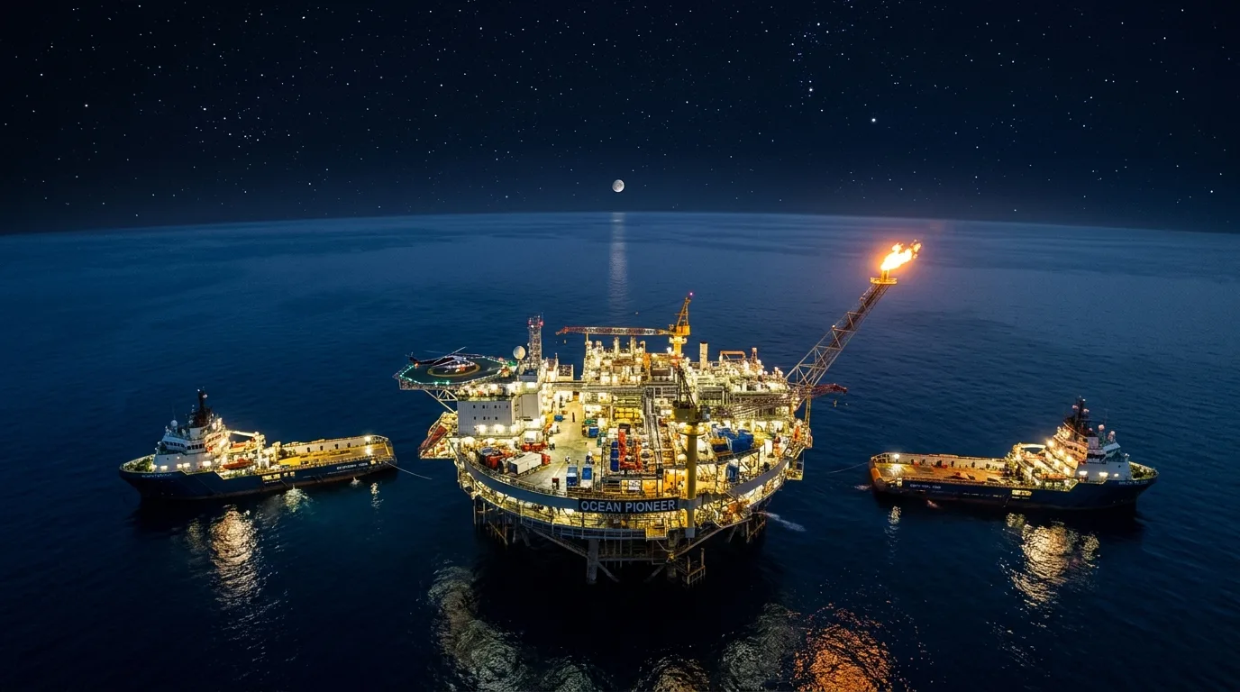 Plataforma petrolera offshore para operaciones de producción de hidrocarburos en instalaciones industriales y petroleras de alta mar.