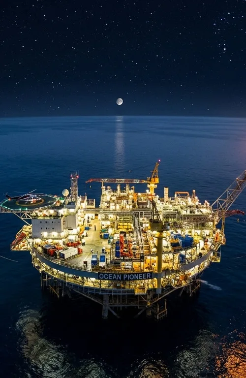 Plataforma petrolera offshore para operaciones de producción de hidrocarburos en instalaciones industriales y petroleras de alta mar