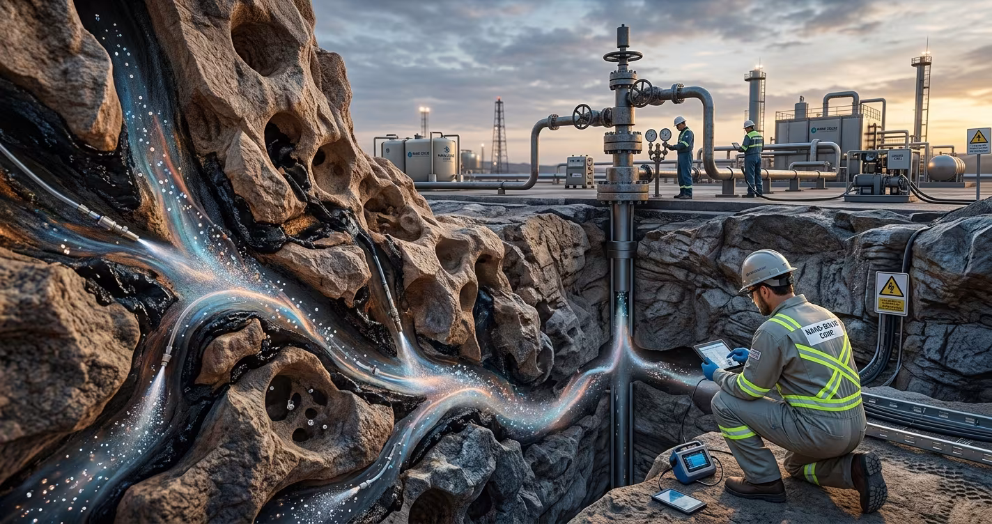 Sistema Nano Solvente para restauración de la producción en pozos petroleros mediante nanotecnología y tratamiento de formaciones productoras